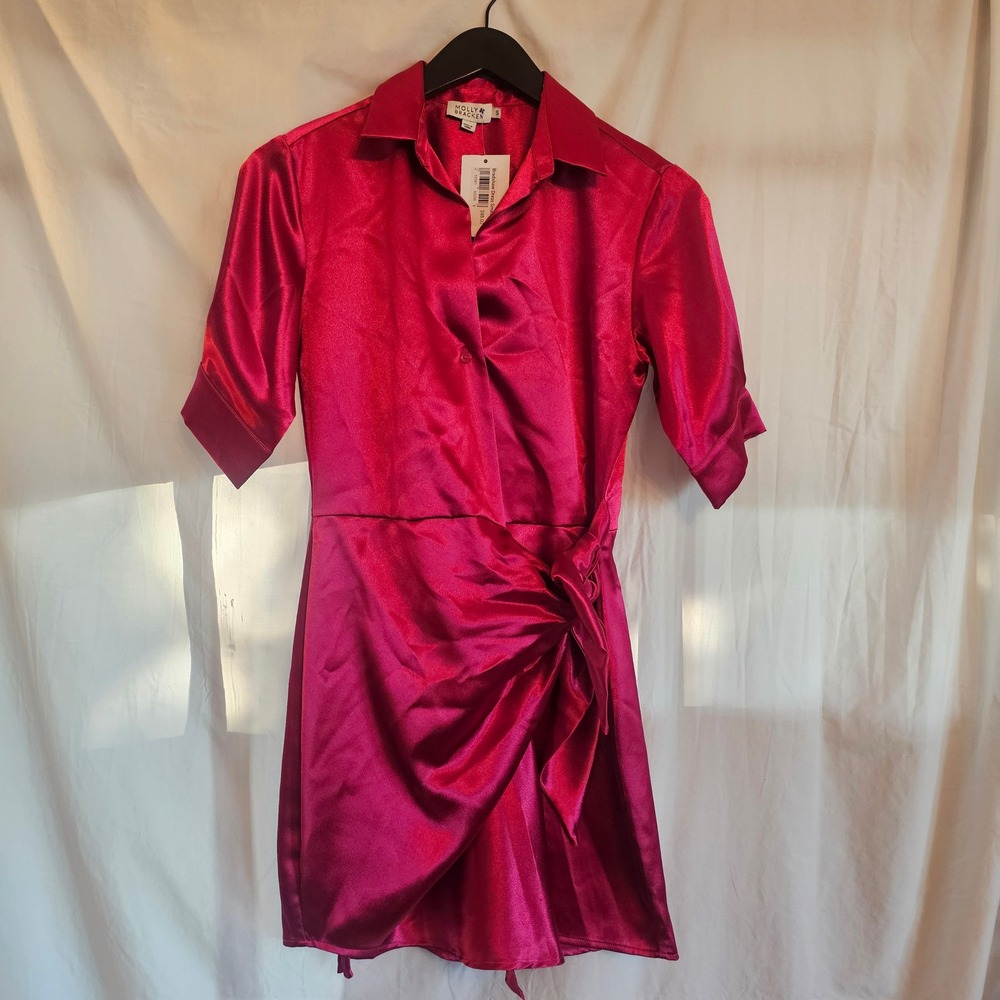 Molly Bracken Bradshaw Pink Satin Wrap Mini Dress Collared Short Sleeve Small